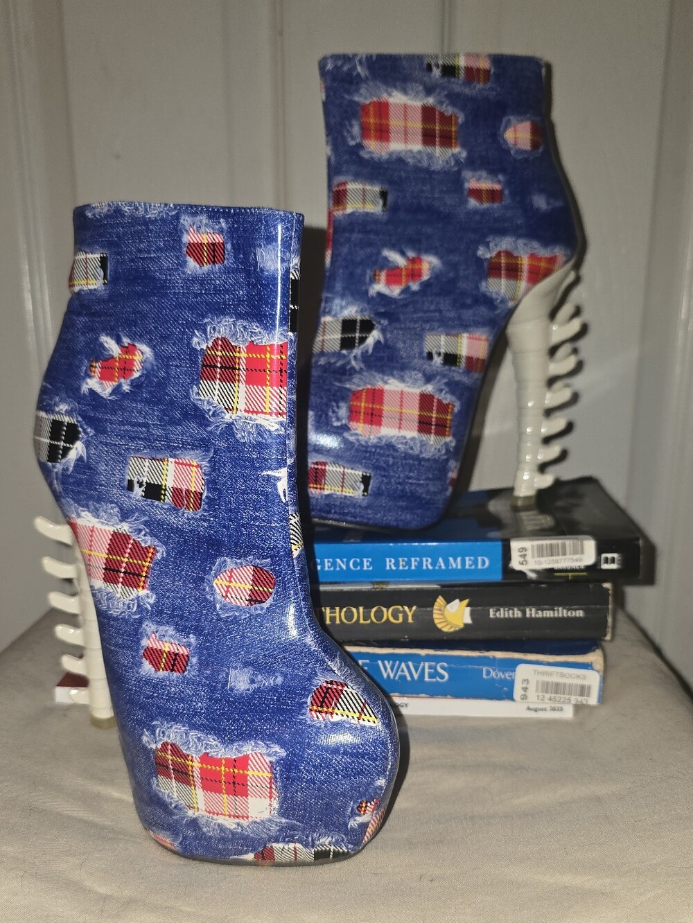 Plaid Patch Blue Denim-Print Platform Ankle Boots